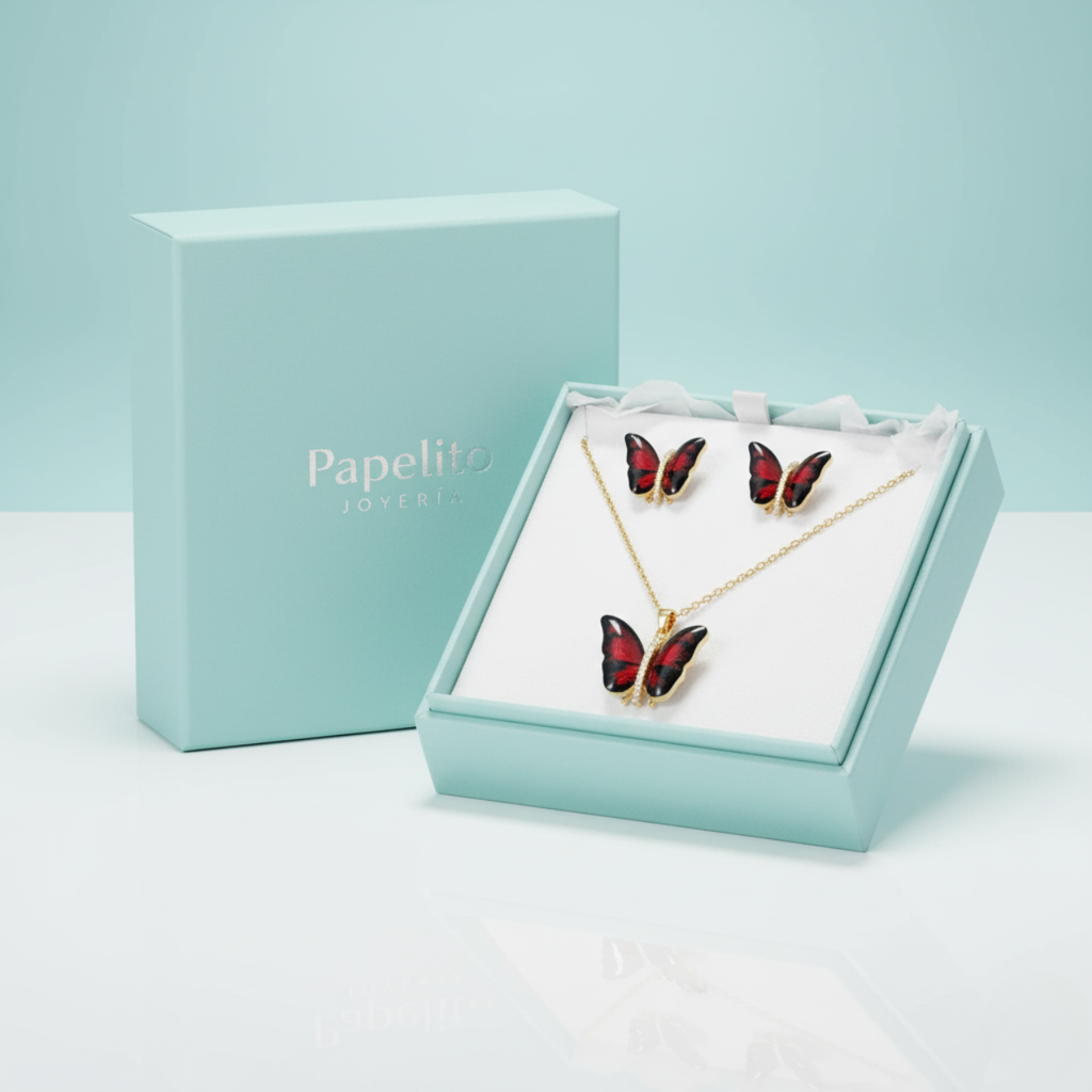 Butterfly Necklace and Earrings Set with Red Enameled Wings and Zirconia - 100% 18K Gold Plated Steel
