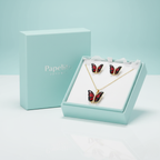 Butterfly Necklace and Earrings Set with Red Enameled Wings and Zirconia - 100% 18K Gold Plated Steel