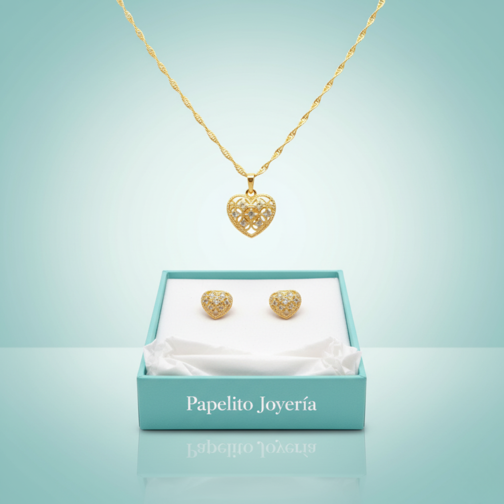 Conjunto Infantil de Joyería Corazón con Circonitas 100% Acero Bañado en Oro 18K