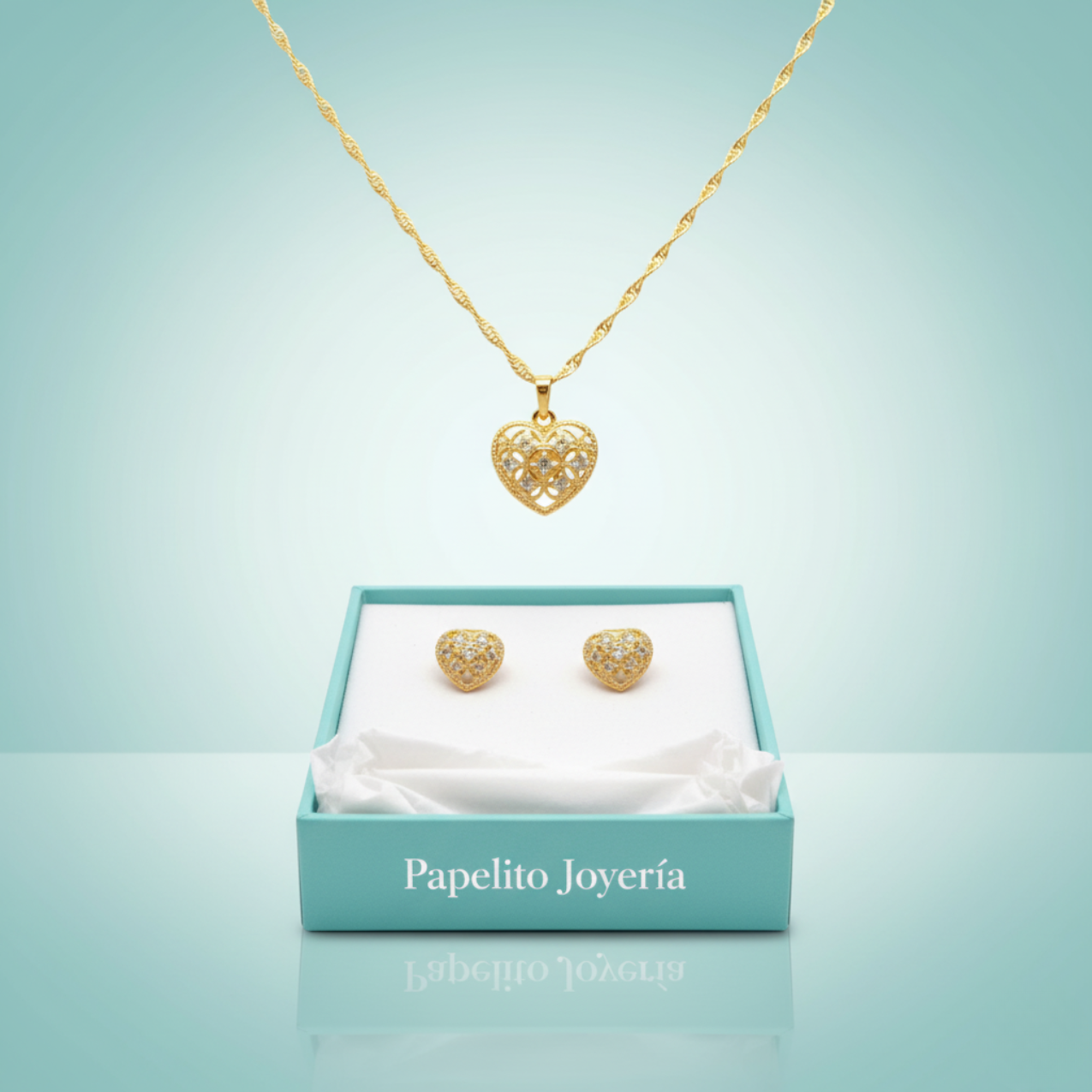Conjunto Infantil de Joyería Corazón con Circonitas 100% Acero Bañado en Oro 18K