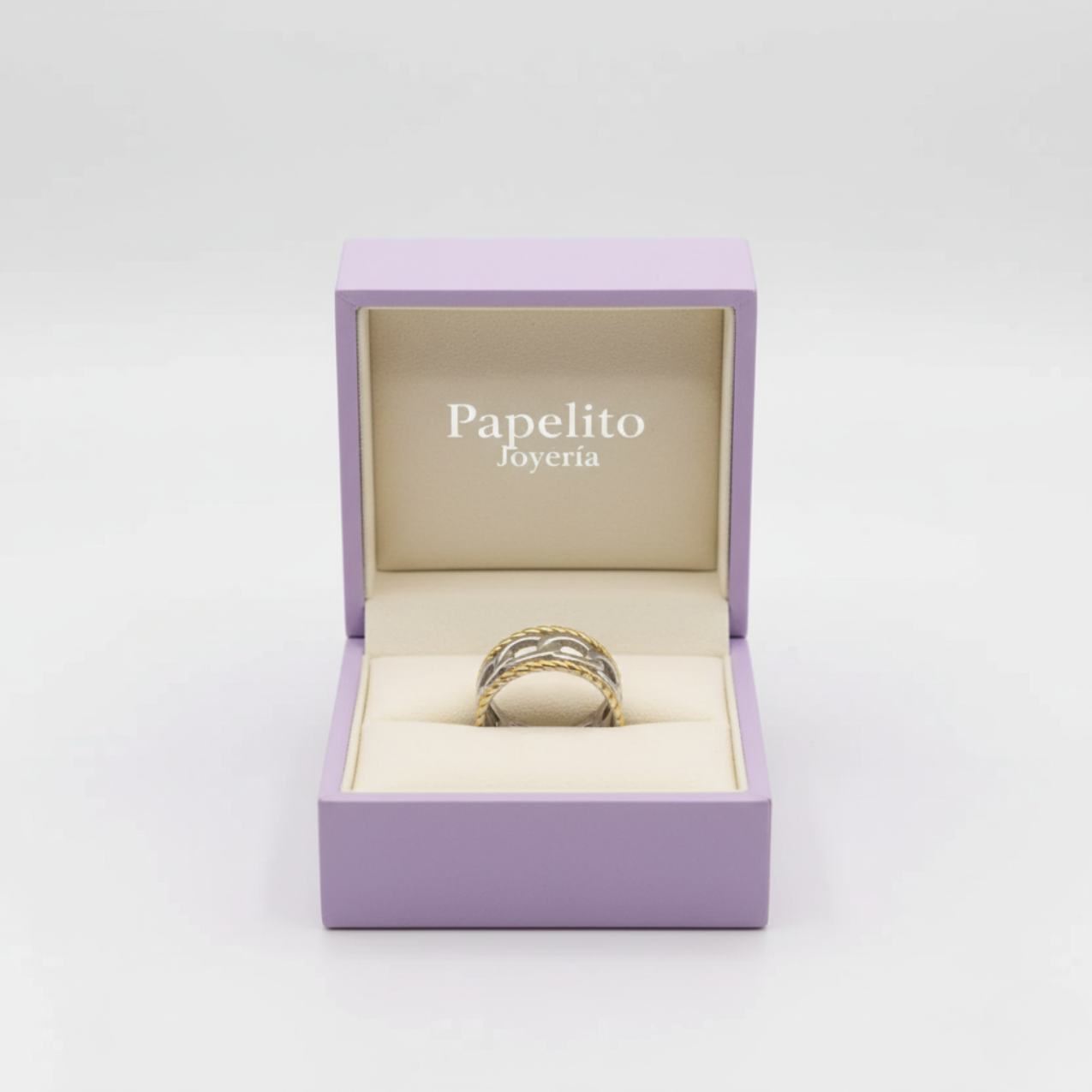 Anillo Ancho Bicolor con Eslabones y Borde Trenzado 100% Acero (Plata y Baño de Oro 18K)