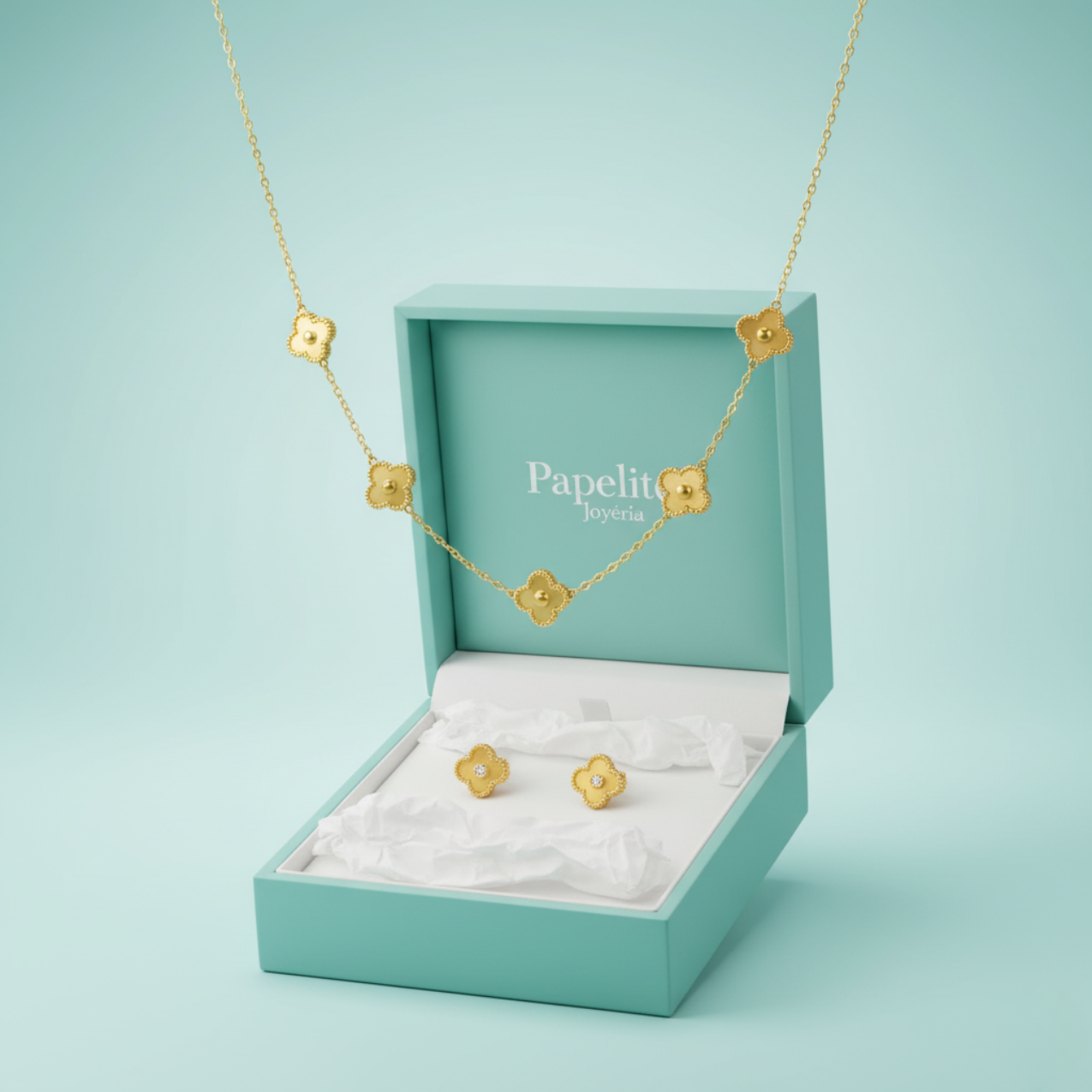 Conjunto de Joyería Trébol Texturizado 100% Acero Bañado en Oro 18K