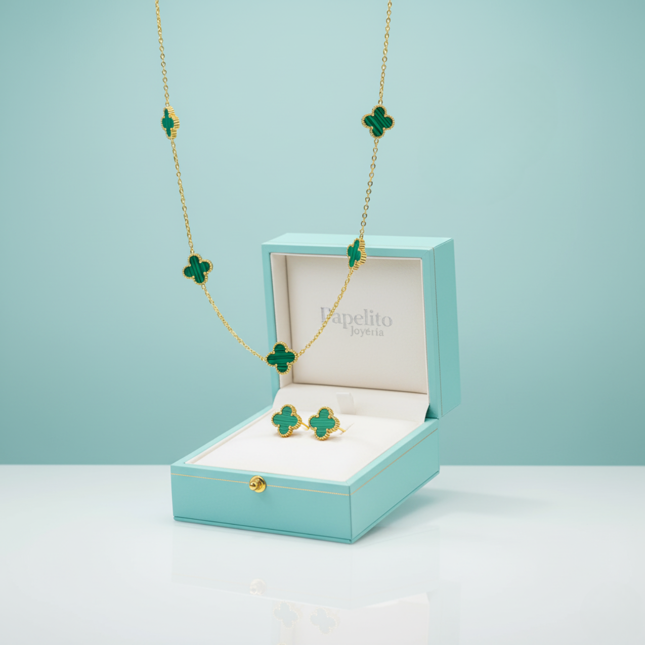 Conjunto Trébol de la Suerte Verde Malaquita - Acero Bañado en Oro 18K