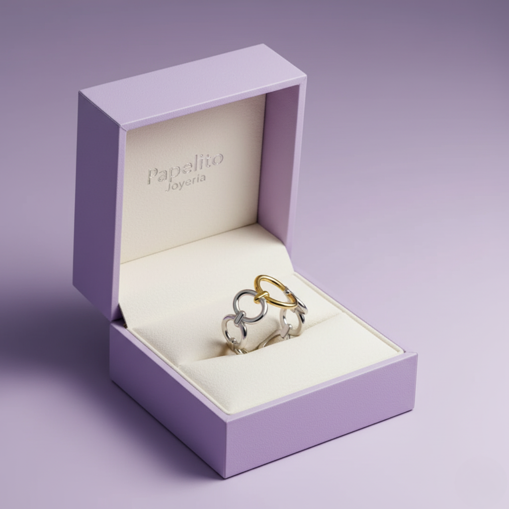 Anillo Eslabones Bicolor 100% Acero (Plata y Baño de Oro 18K)