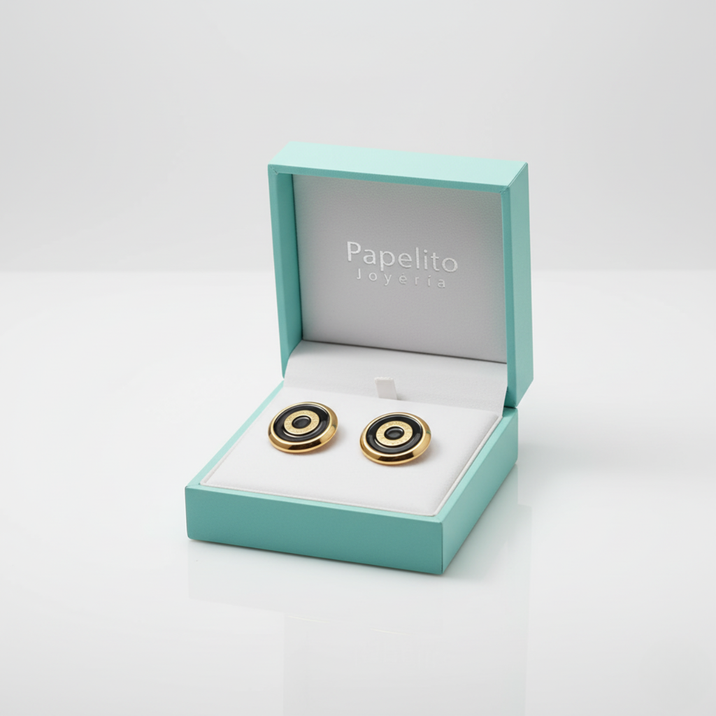 Boucles d'oreilles cercles concentriques noirs et or, 100 % acier plaqué or 18 carats