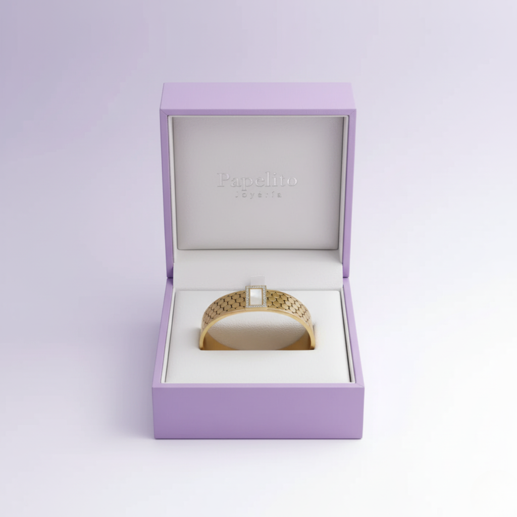 Rigid Bracelet in 18K Gold Plated Steel with Hexagonal Design and Mother of Pearl