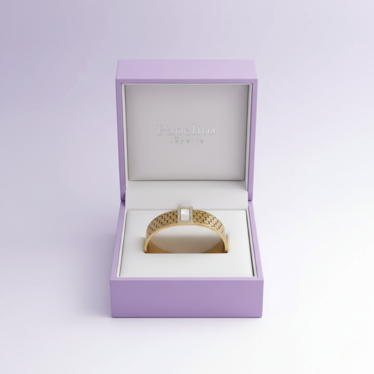 Pulsera Rígida de Acero Chapado en Oro 18K con Diseño Hexagonal y Nácar