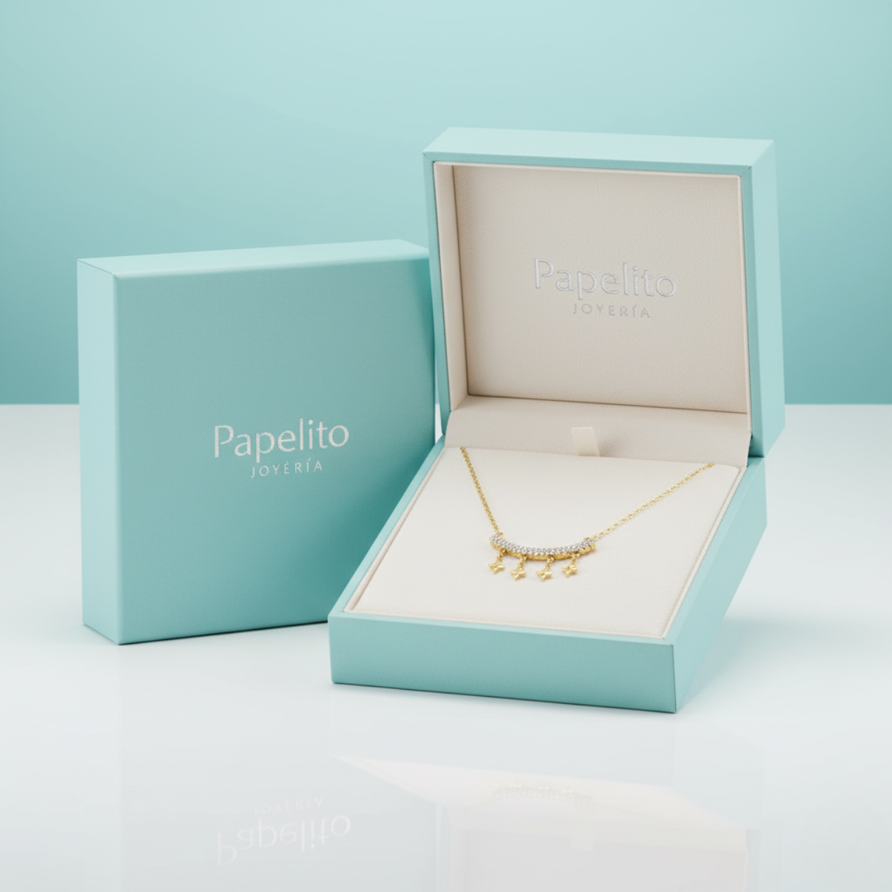 Collar Cadena Fina con Colgante Curvo de Brillantes y Dijes de Flor de Acero Chapado en Oro 18K