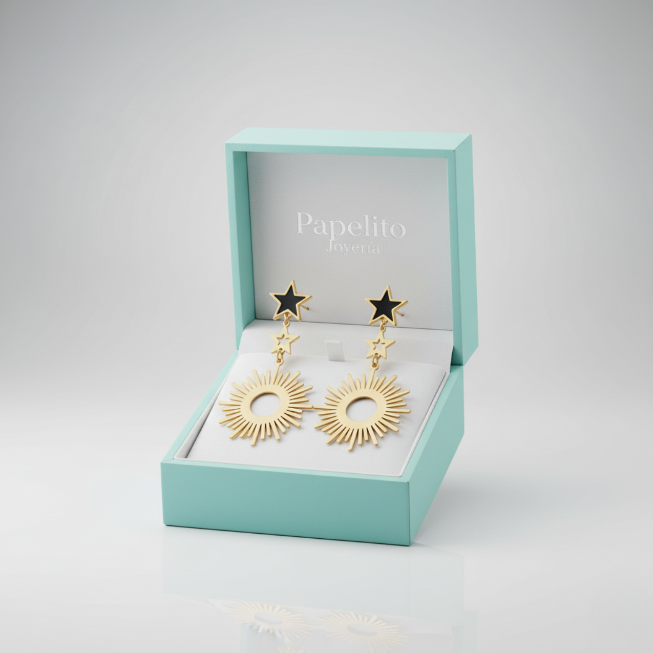 Pendientes Largos Colgantes Sol y Estrellas Esmalte Negro 100% Acero Bañado en Oro 18K