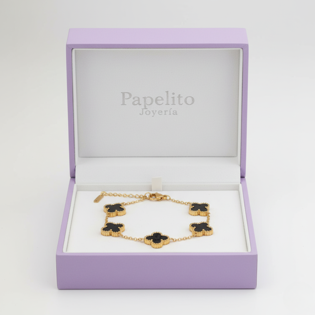 Pulsera Cadena con Cinco Tréboles Negros de Acero Chapado en Oro 18K