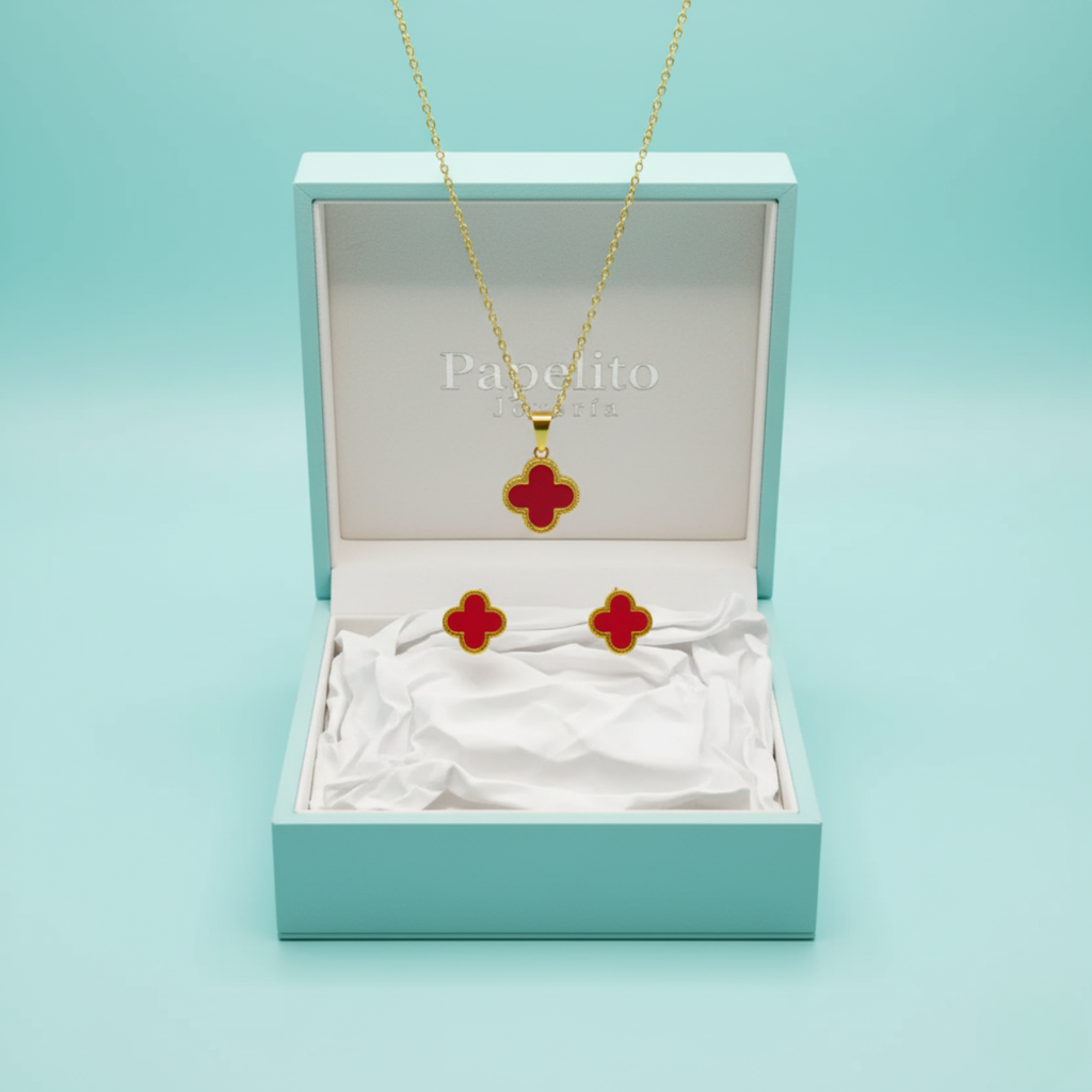 Conjunto Completo Trébol de la Suerte Rojo - Acero Bañado en Oro 18K