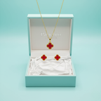 Conjunto Completo Trébol de la Suerte Rojo - Acero Bañado en Oro 18K