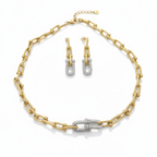 Conjunto de Acero Chapado en Oro 18K con Eslabones y Detalles de Brillantes: Collar, Pendientes y Pulsera