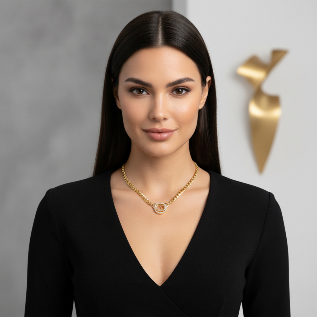 Collier à grosse chaîne avec pendentif initial circulaire et strass en acier plaqué or 18 carats