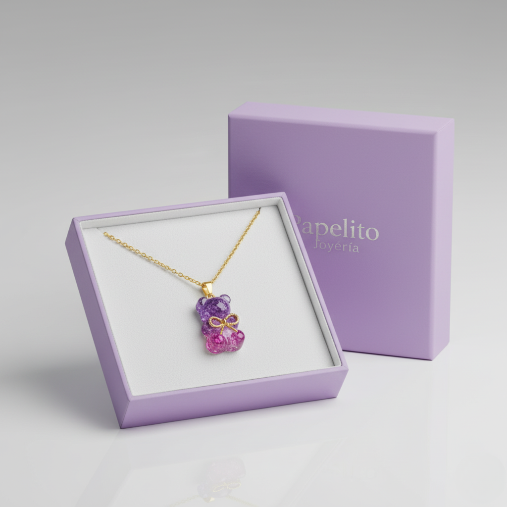 Collar Osito Gominola Glitter Bicolor - 100% Acero Bañado en Oro 18K