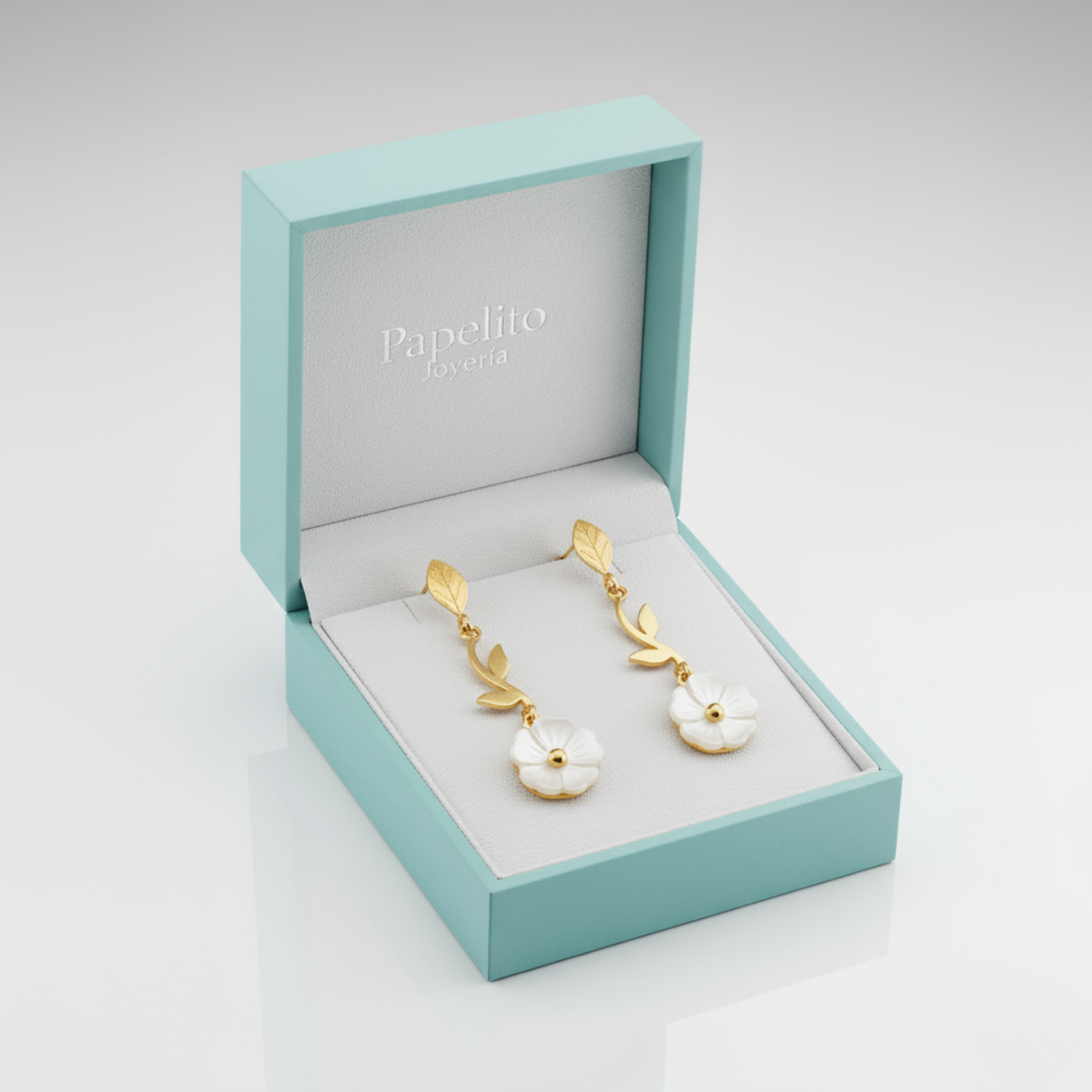 Long Dangle Earrings with Mother-of-Pearl Flower and Leaf, 100% Steel, 18K Gold Plated