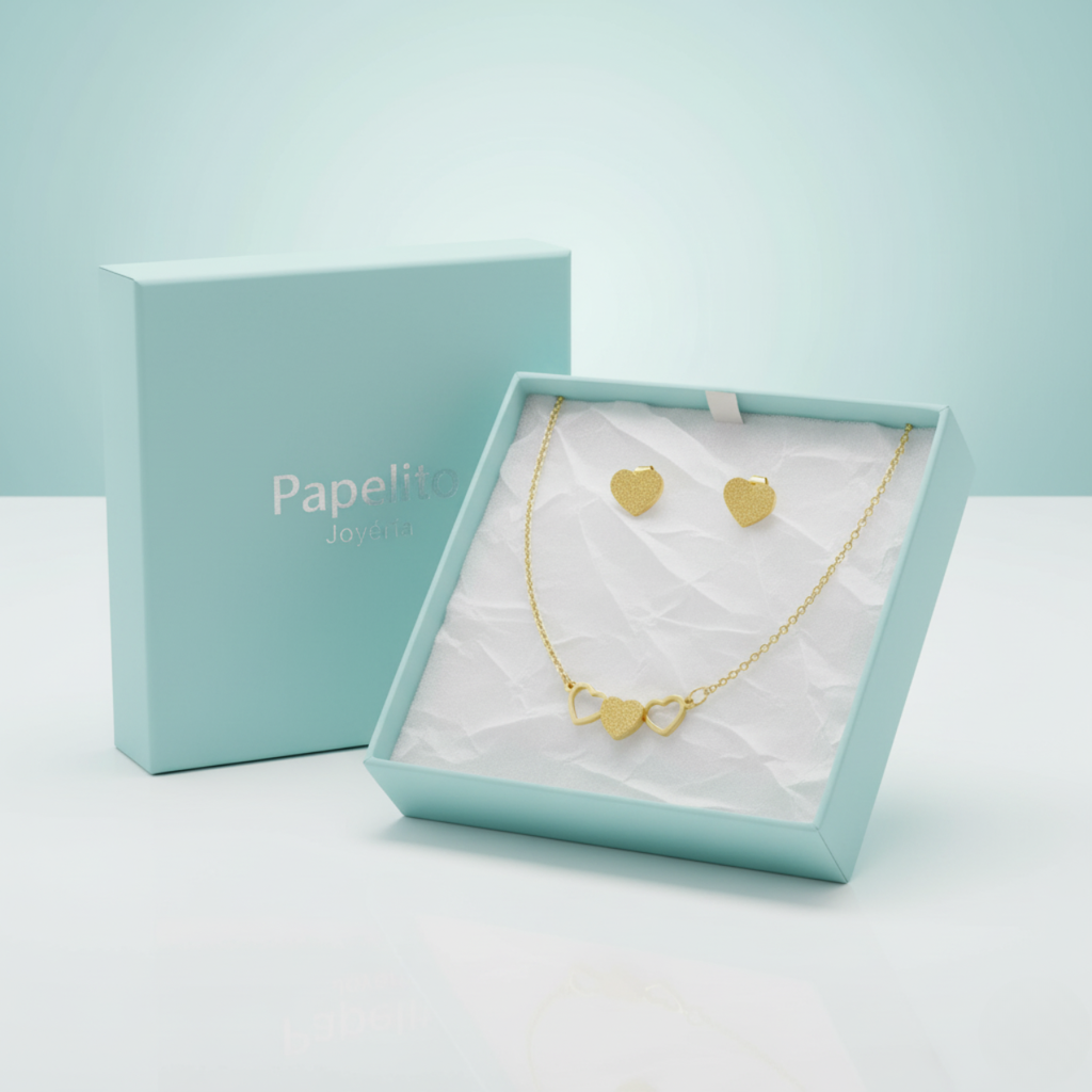 Conjunto Collar de Tres Corazones y Pendientes Corazón Texturizado - 100% Acero Bañado en Oro 18K