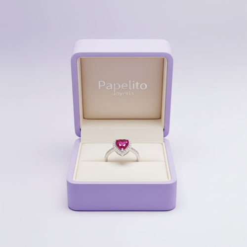 Adjustable "Queen of Hearts" Ring with Red Zirconia and Halo – 18K White Gold Plated Steel