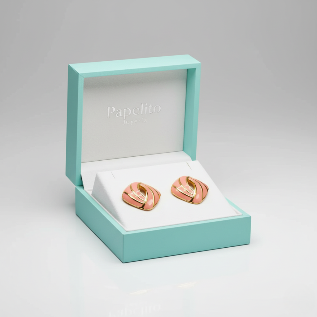 Boucles d'oreilles géométriques en émail rose et rayures dorées, 100 % acier plaqué or 18 carats