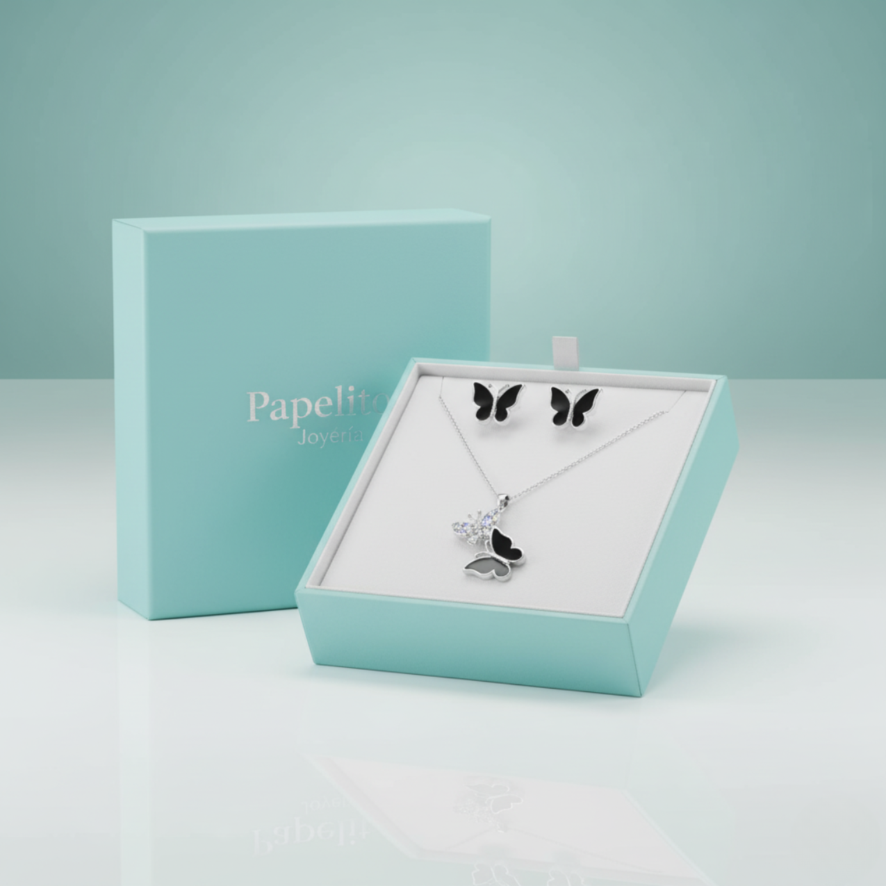 Two-tone Butterfly Necklace and Enameled Earrings Set - 100% Rhodium-Plated Steel