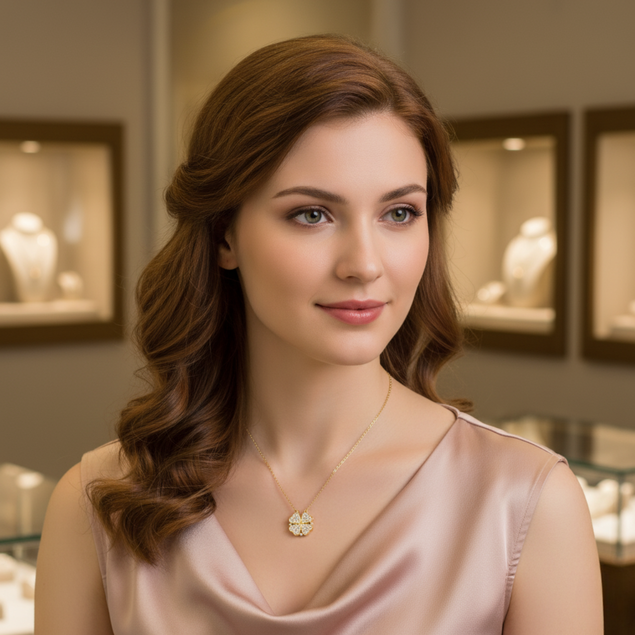 Collar Dije Trébol de Cuatro Hojas Abatible con Brillantes y Acero Chapado en Oro 18K