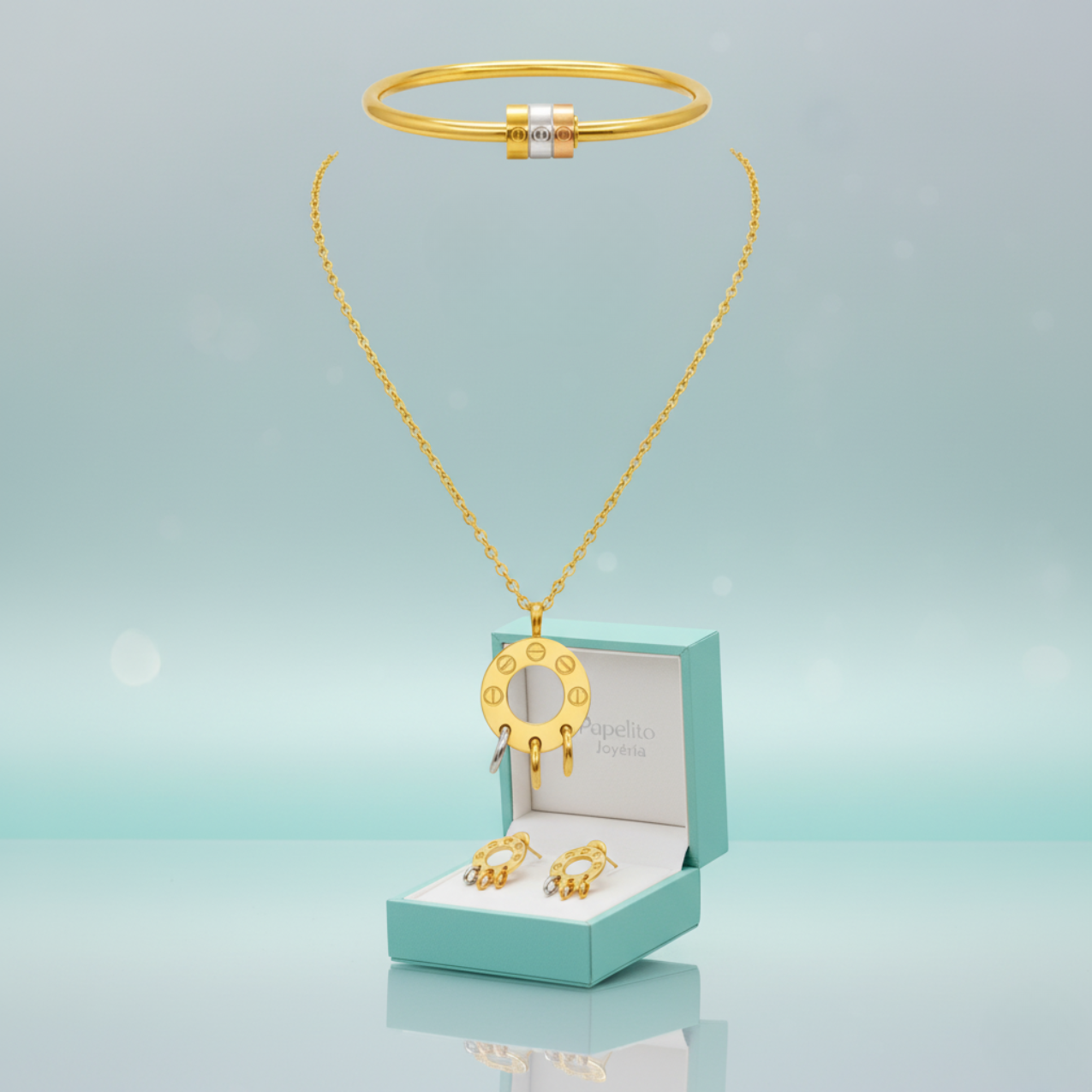 Ensemble trèfle à quatre feuilles coloré (collier, bracelet et boucles d'oreilles) - 100 % acier plaqué or 18 carats