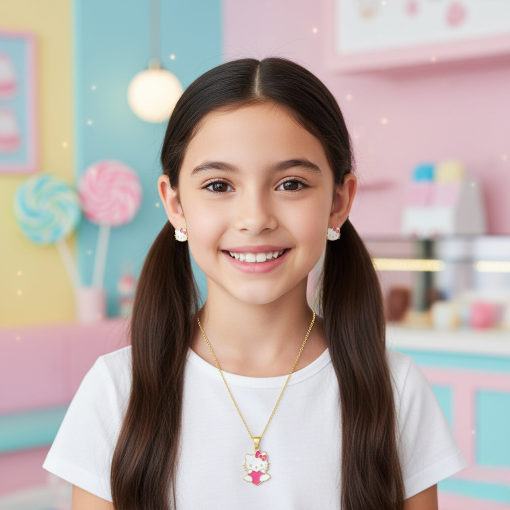 Conjunto de Pendientes Infantiles Hello Kitty con Lazo Rosa de Acero Chapado en Oro 18K