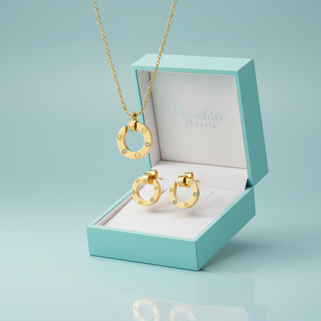 Conjunto de Collar y Pendientes con Diseño Circular y Circonitas 100% Acero Bañado en Oro 18K