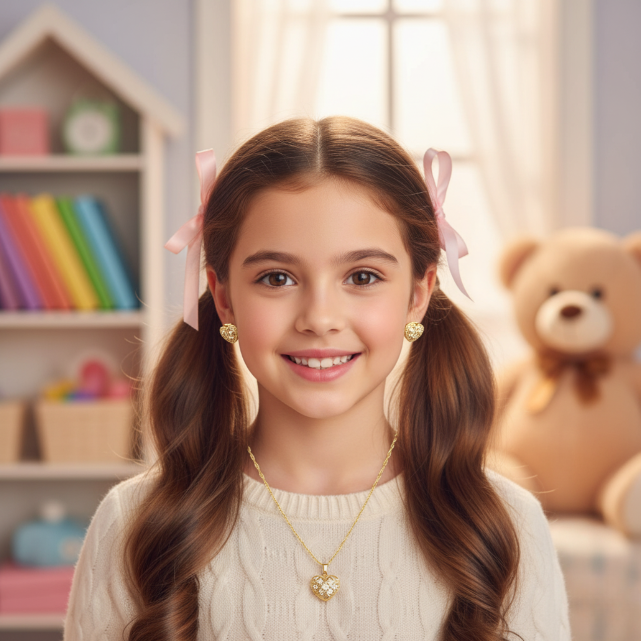 Conjunto Infantil de Joyería Corazón con Circonitas 100% Acero Bañado en Oro 18K