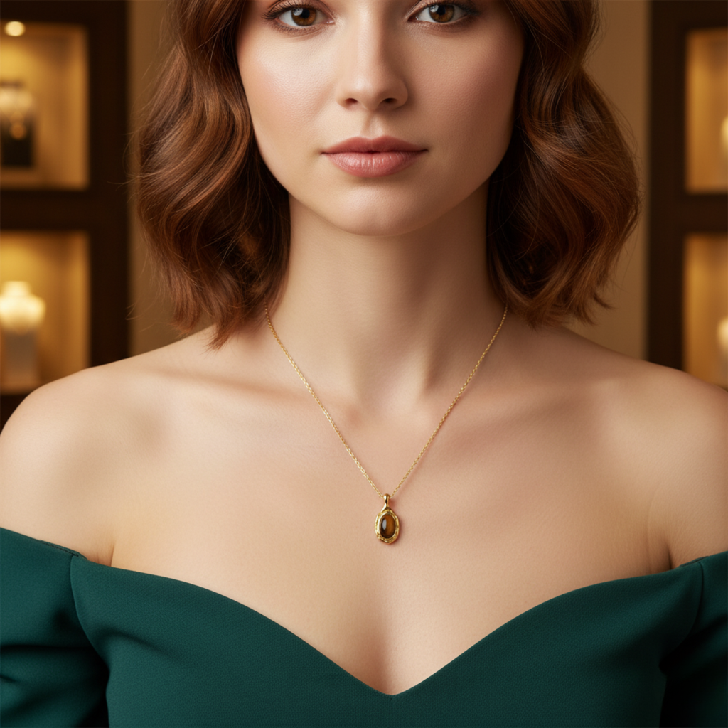 Fine Chain Necklace with Oval Tiger's Eye Pendant and 18K Gold Plated Steel