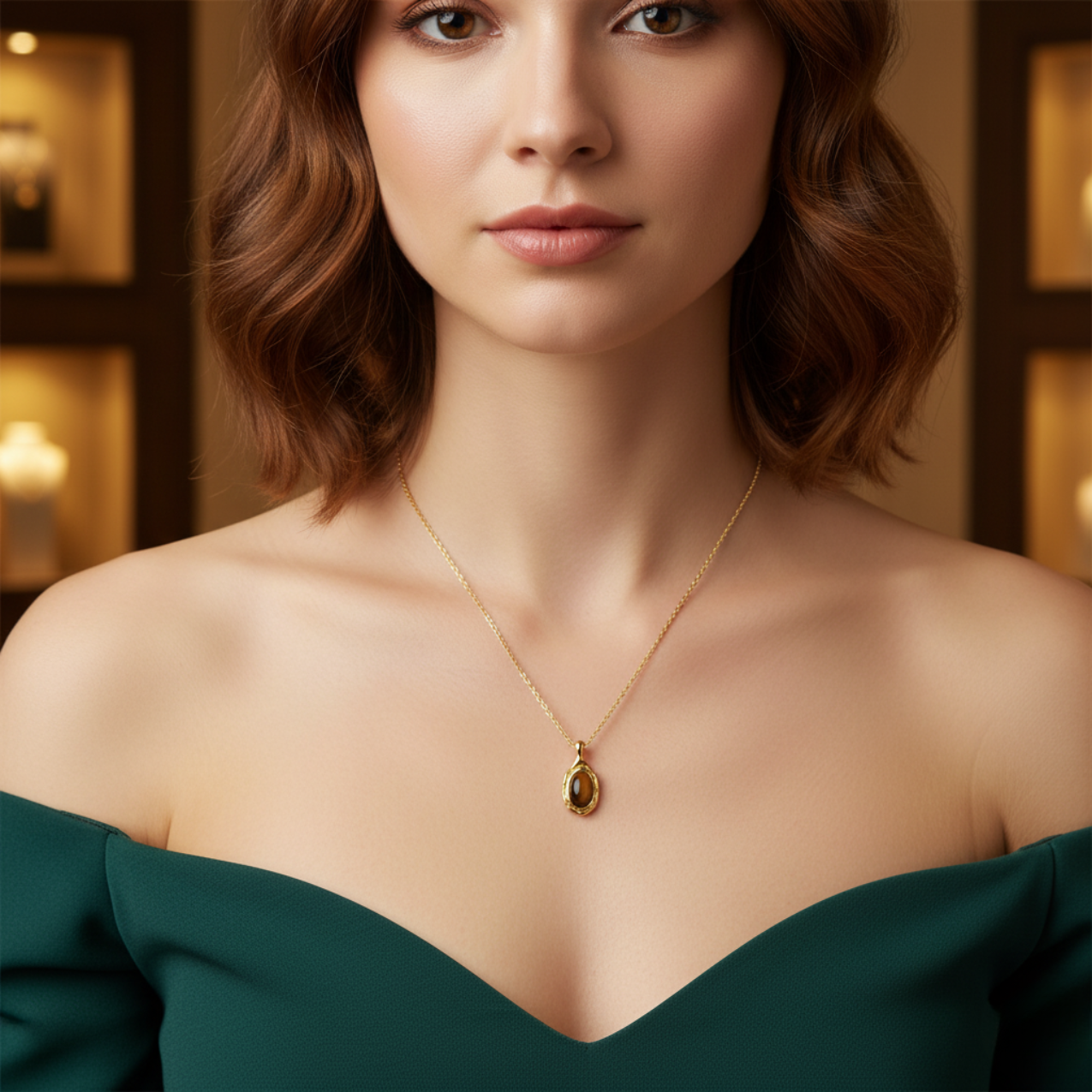 Collar Cadena Fina con Dije Ovalado de Ojo de Tigre y Acero Chapado en Oro 18K