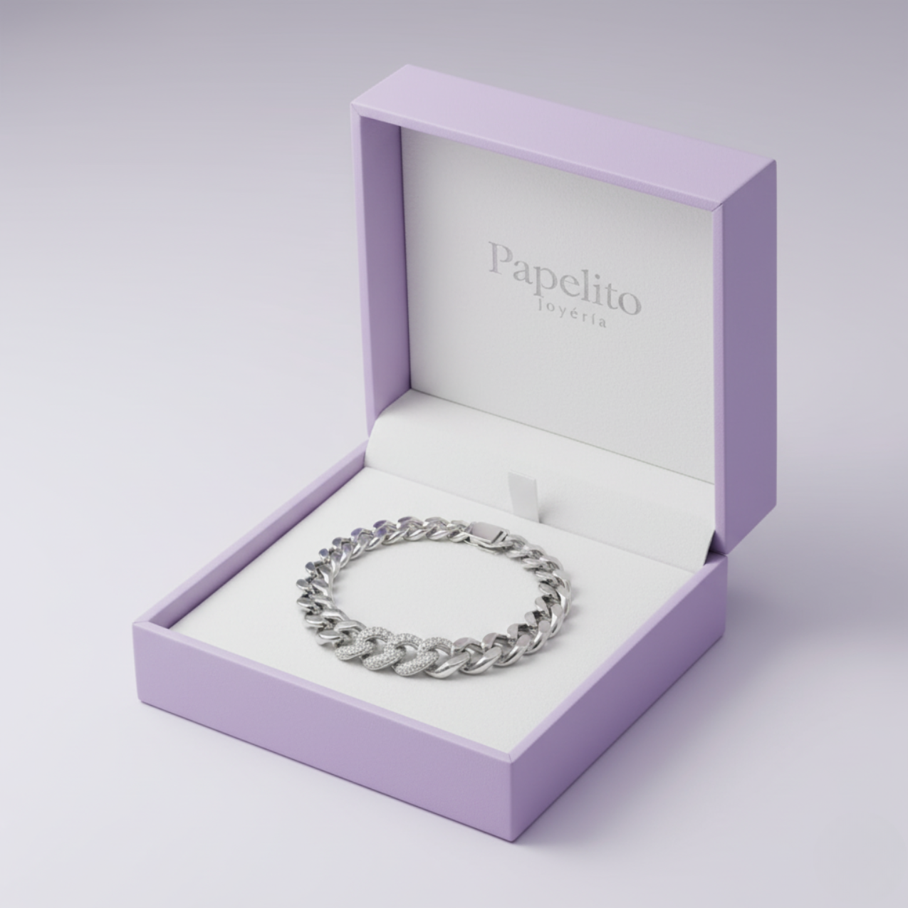 Pulsera de Cadena Gruesa con Eslabones Centrales de Brillantes de Acero Chapado en Plata