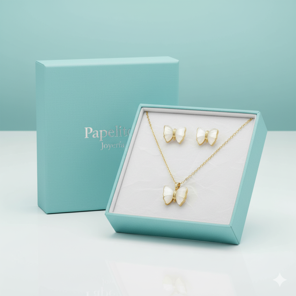 Ensemble collier et boucles d'oreilles papillon en nacre - 100 % acier plaqué or 18 carats