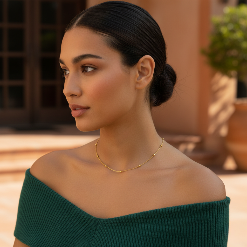 Collier en acier plaqué or 18 carats avec chaîne à maillons et perles lisses