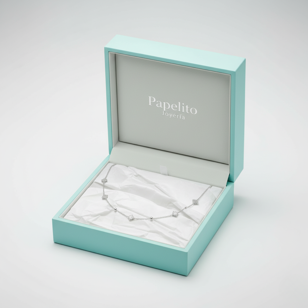 Collar de Acero Inoxidable 100% con Dijes Cuadrados y Bolas de Zirconia