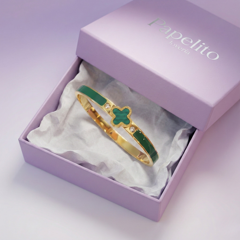 Bracelet rigide avec motif trèfle émaillé vert et zircone - 100 % acier plaqué or 18 carats