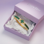 Bracelet rigide avec motif trèfle émaillé vert et zircone - 100 % acier plaqué or 18 carats