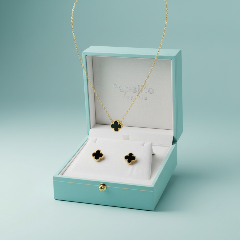 Conjunto de Joyería Trébol Negro 100% Acero Bañado en Oro 18K