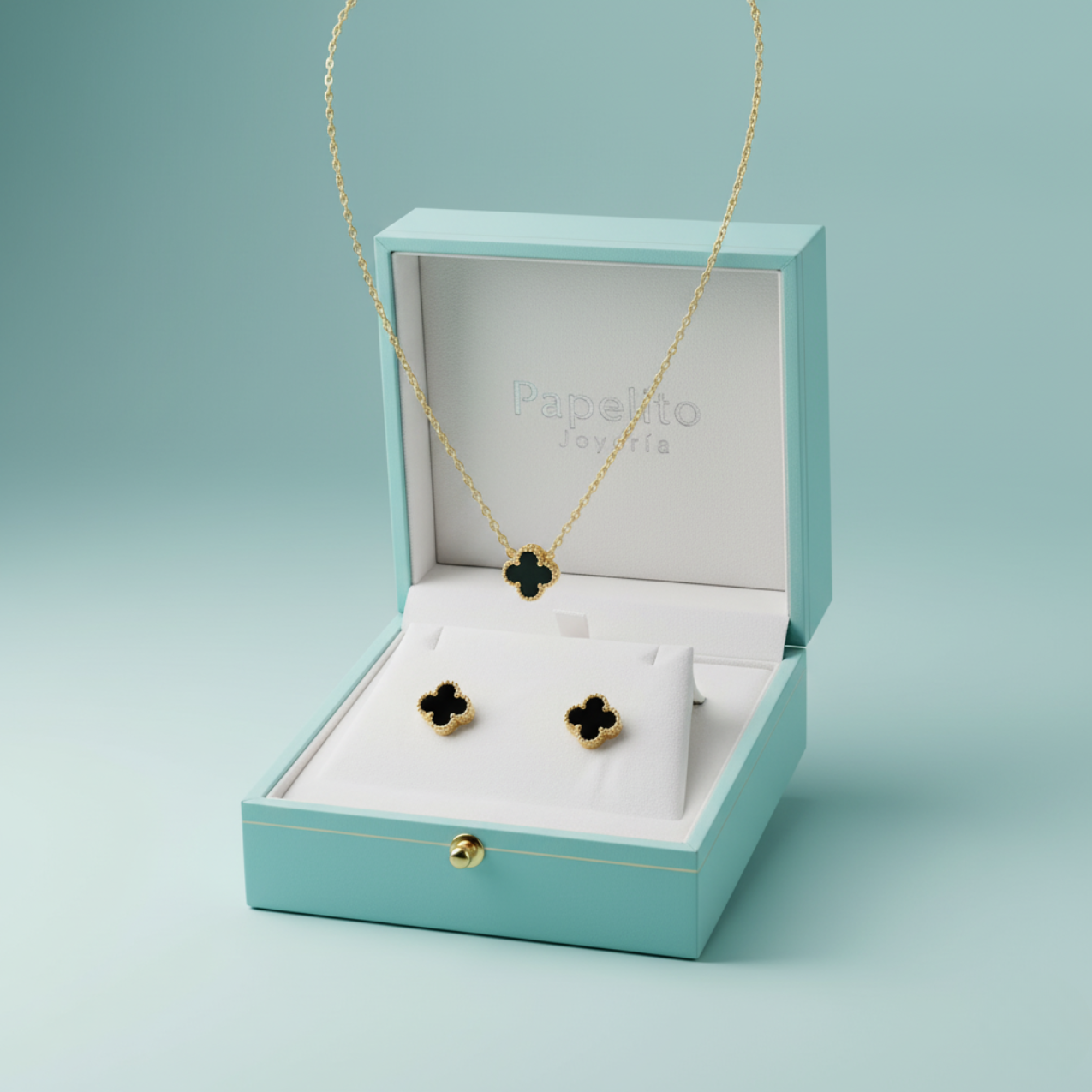 Conjunto de Joyería Trébol Negro 100% Acero Bañado en Oro 18K