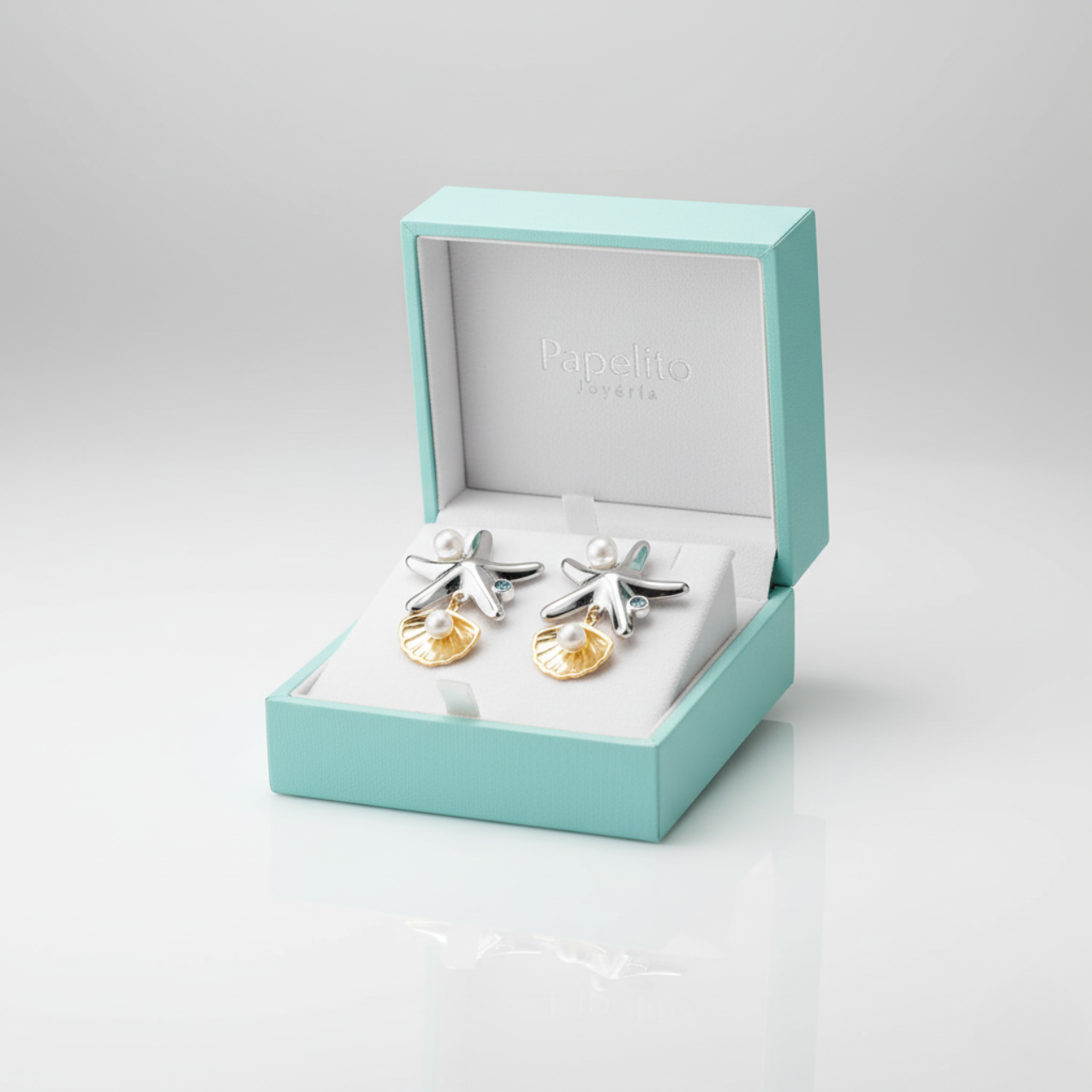 Pendientes Estrella de Mar y Concha con Perlas 100% Acero Bicolor (Plata y Baño de Oro 18K)