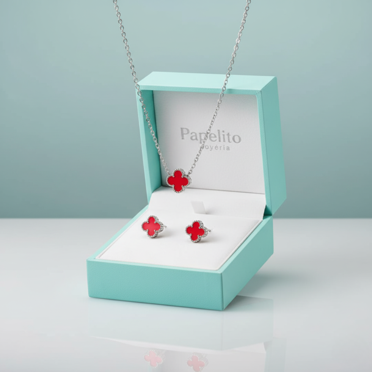 Conjunto de Joyería Trébol Rojo 100% Acero Inoxidable Color Plata