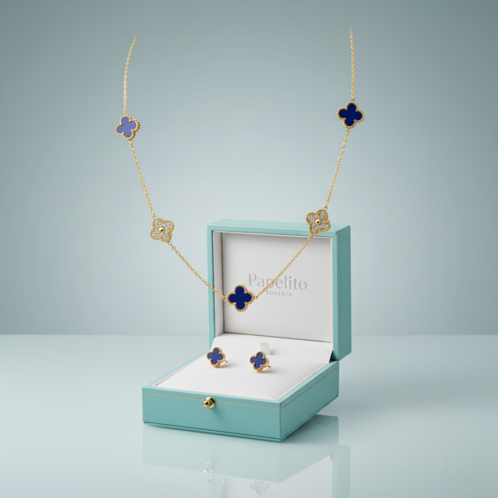 Parure de bijoux en trèfle bleu et zircone, 100 % acier plaqué or 18 carats