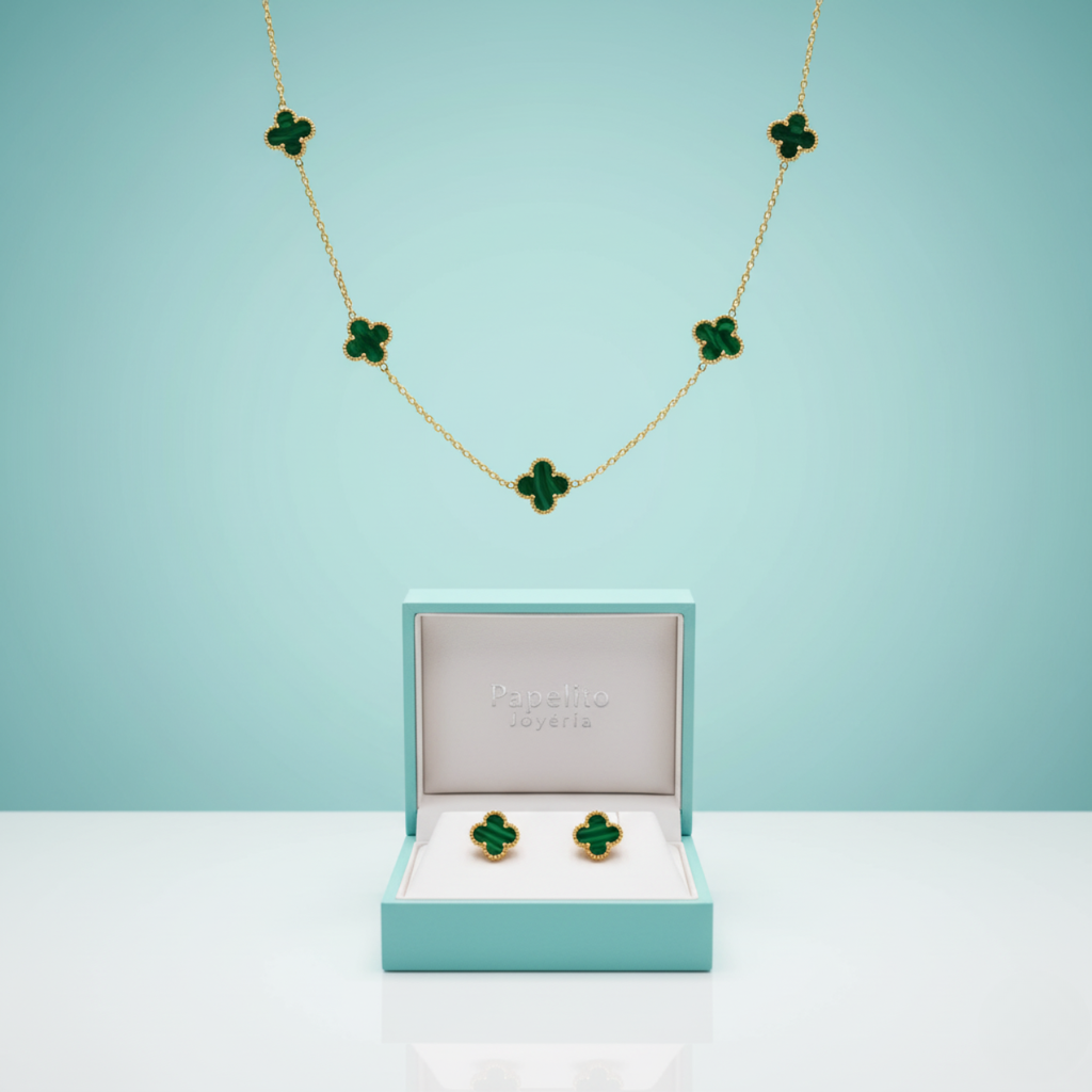 Conjunto de Joyería Tréboles Malaquita y Nácar 100% Acero Bañado en Oro 18K