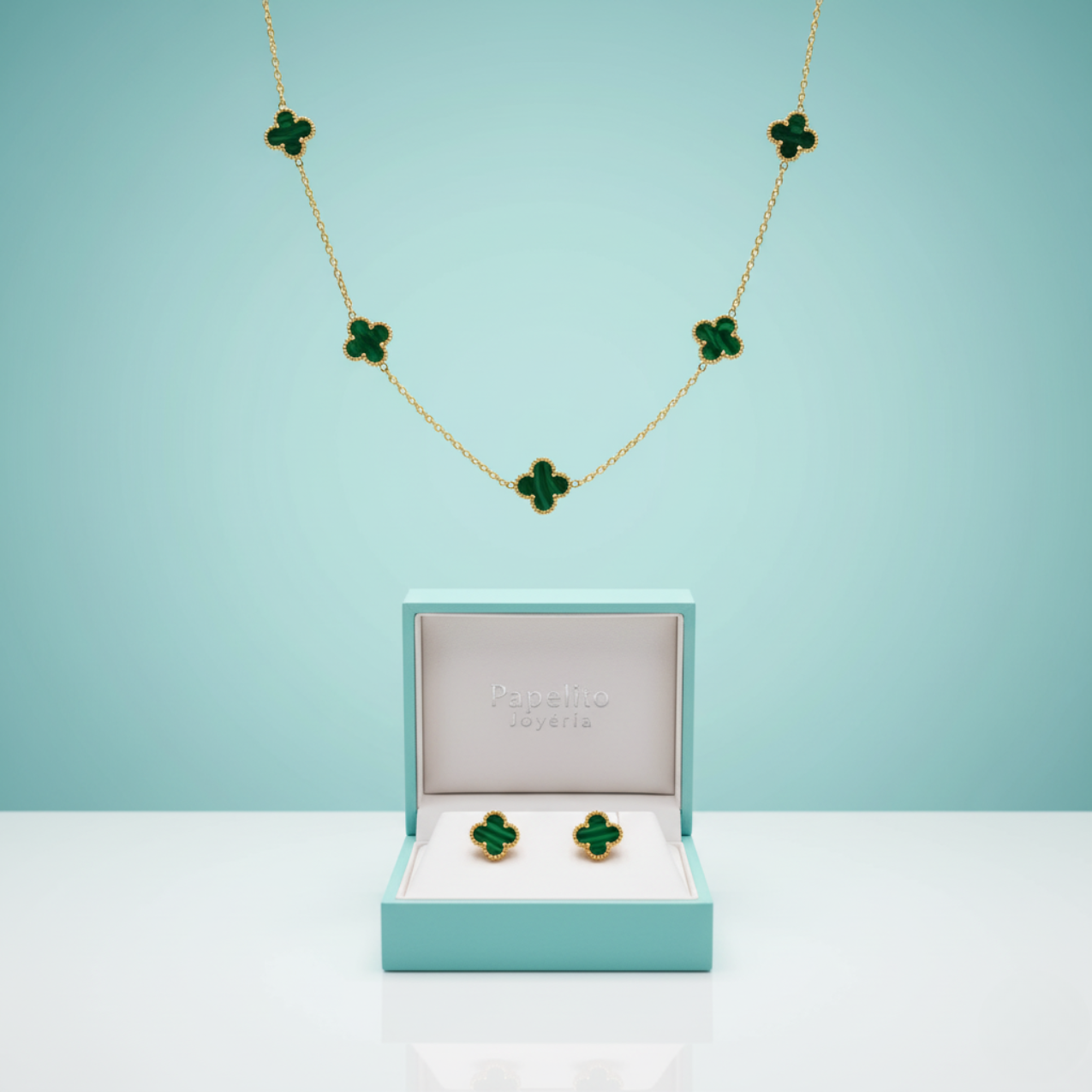 Conjunto de Joyería Tréboles Malaquita y Nácar 100% Acero Bañado en Oro 18K