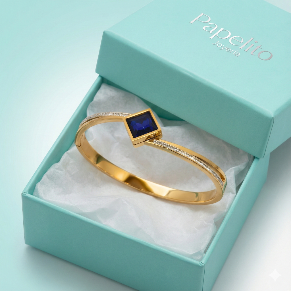 Bracelet rigide avec cristal carré bleu et zircone - 100 % acier plaqué or 18 carats