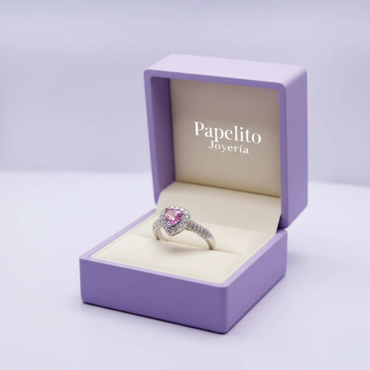 Anillo de Corazón Rosa con Circonitas 100% Acero Inoxidable Color Plata