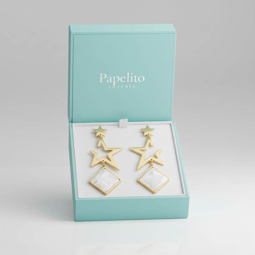 Boucles d'oreilles pendantes longues ornées d'étoiles et de losanges en nacre, 100 % acier, plaqué or 18 carats