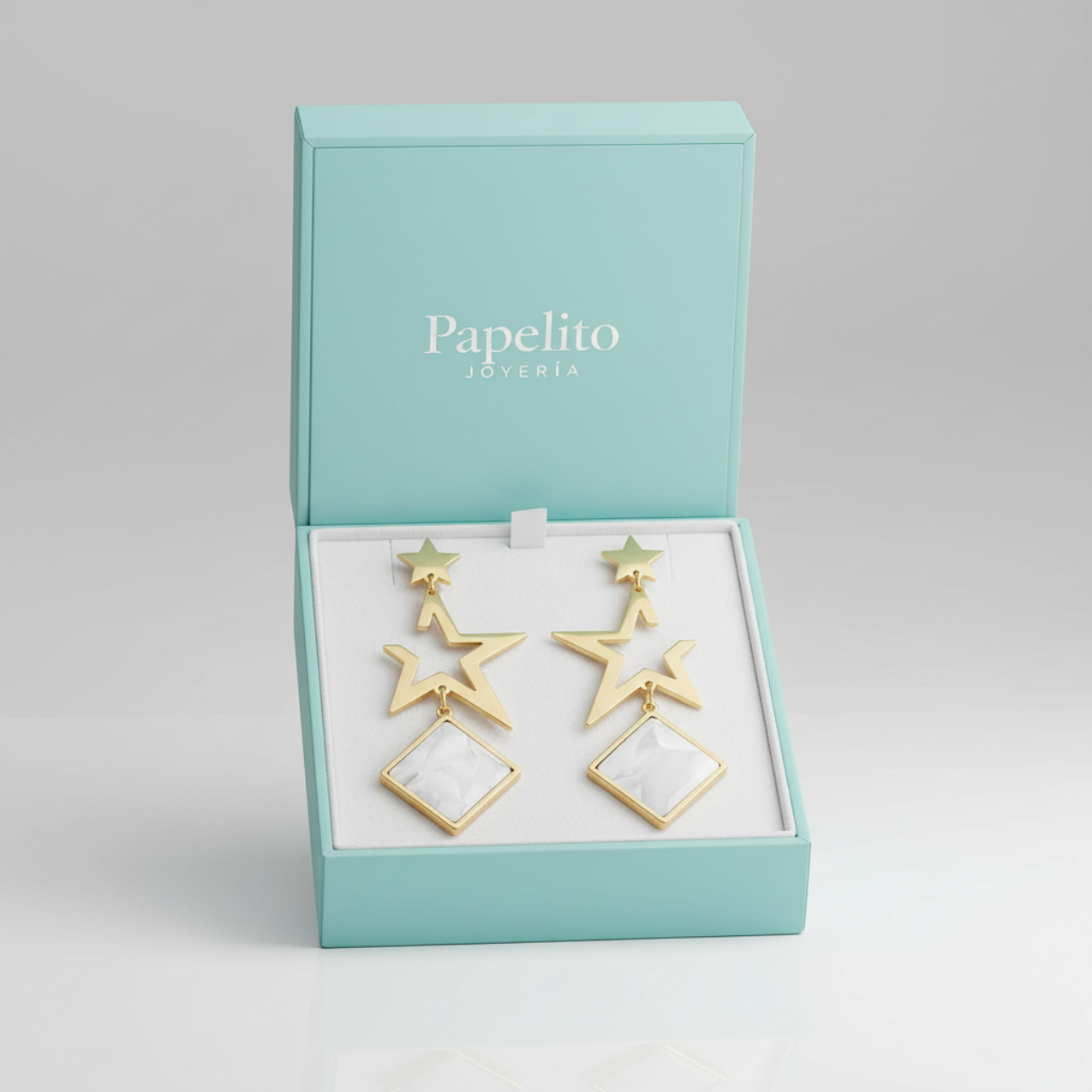 Pendientes Largos Colgantes de Estrellas y Rombo Nácar 100% Acero Bañado en Oro 18K