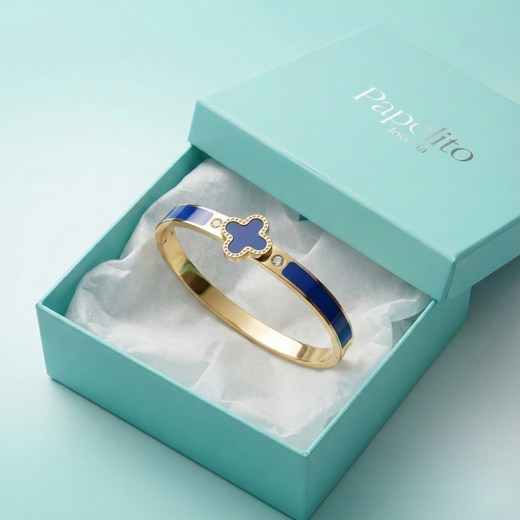 Bracelet rigide avec motif trèfle émaillé bleu et zircone - 100 % acier plaqué or 18 carats