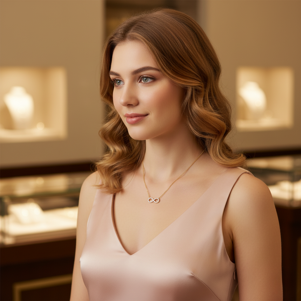 Collar Cadena Fina con Dije Infinito de Brillantes de Acero Chapado en Oro 18K